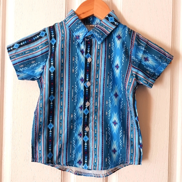 New 3T shirt, short sleeve, button front, polyester blend, blue and red, western - Picture 1 of 2